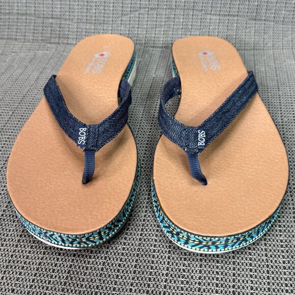 BOBS By Skechers Womens size 10 Navy Blue Wedge Flip-Flops Patterned Edge Soles - Picture 5 of 7